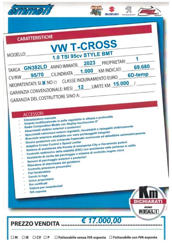 Volkswagen T-Cross 1.0 TSI 95cv Style BMT