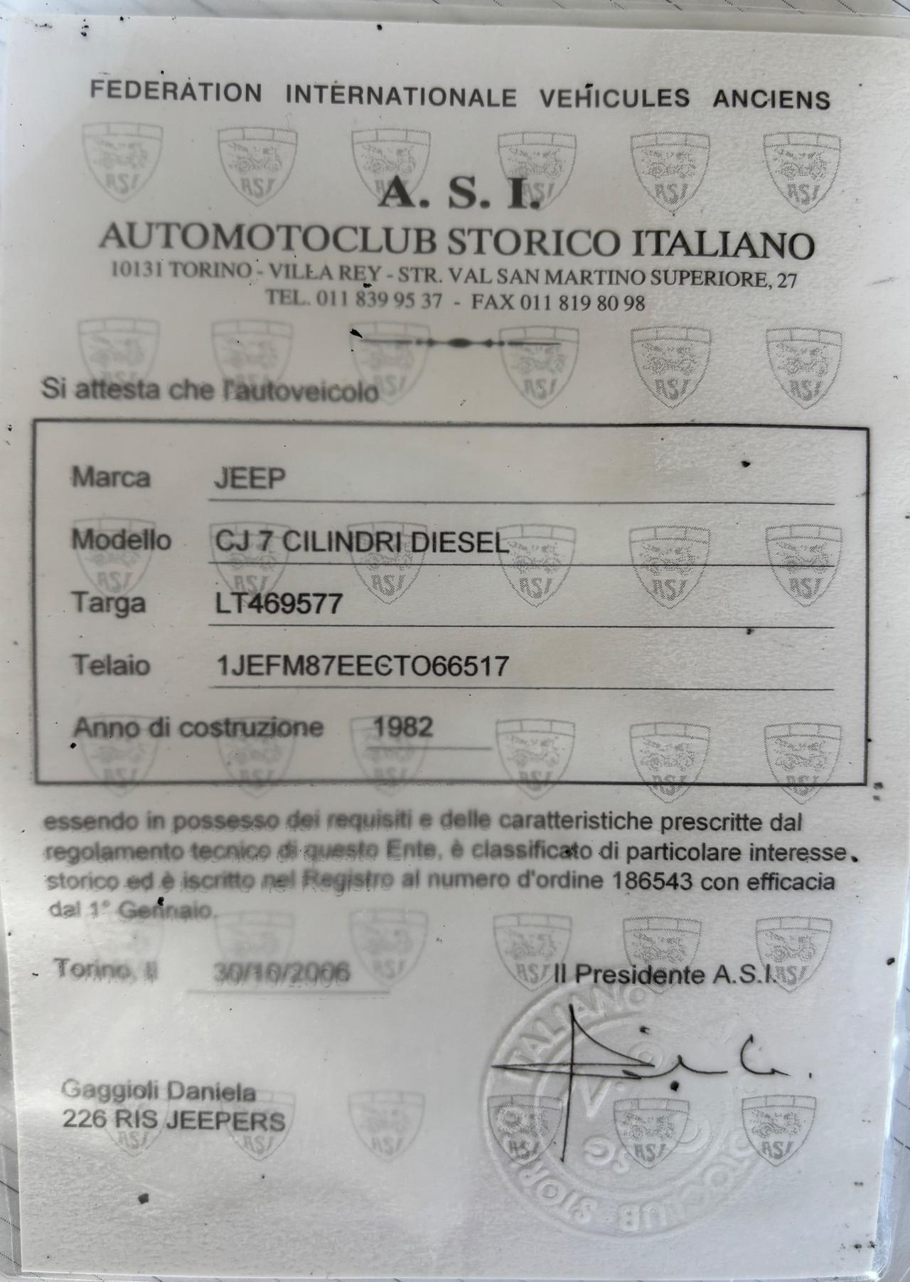 Jeep CJ-7 2.4 Diesel “GOLDEN EAGLE” iscritta ASI