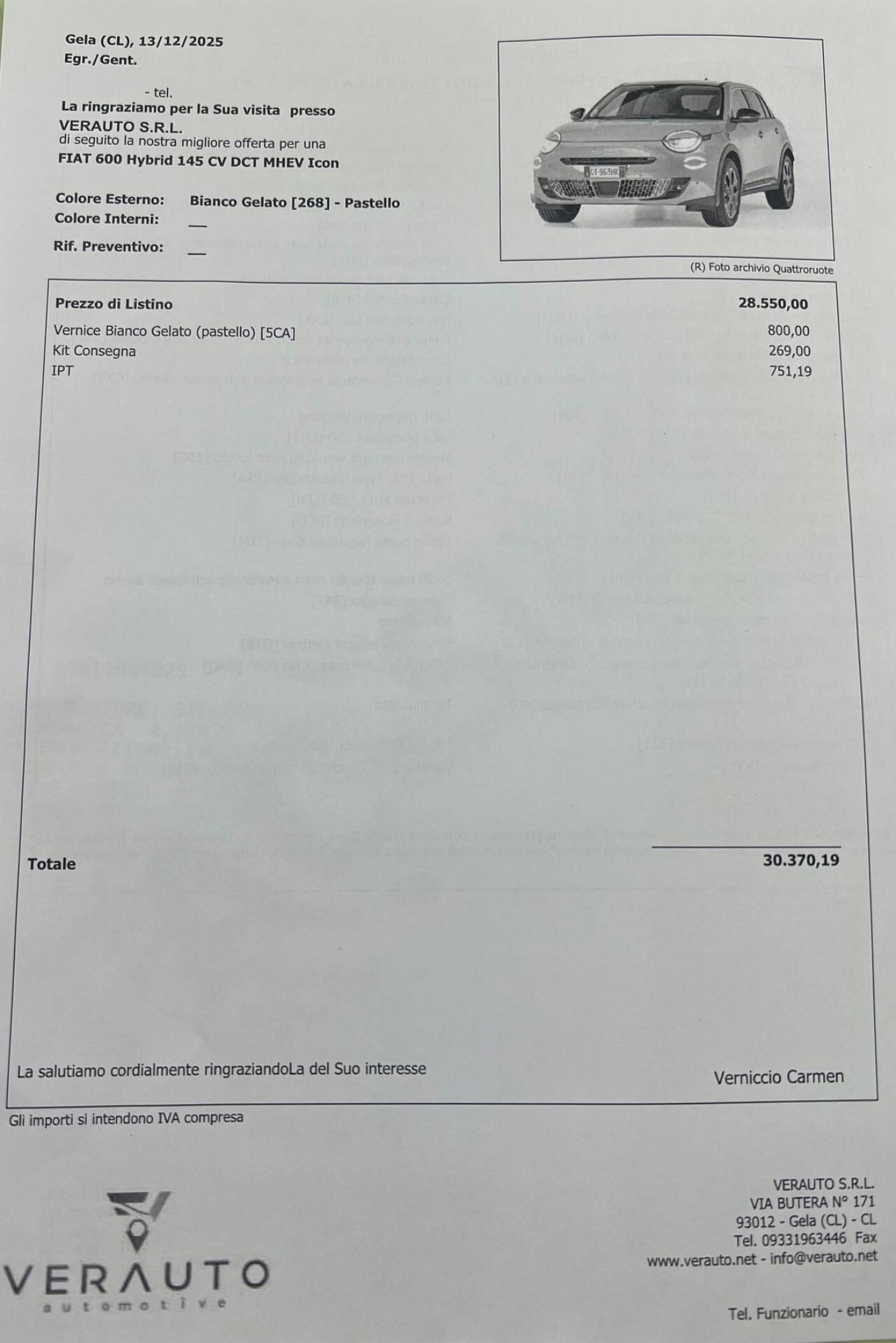 Fiat 600 1.2 145cv Icon possibilità noleggio no scoring