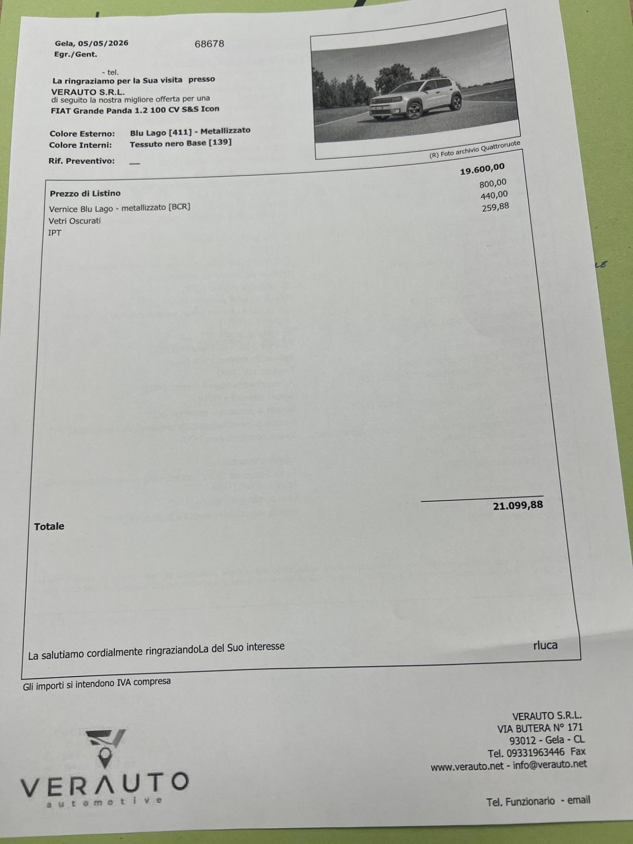 Fiat Grande Panda 1.2 100 CV S&S Icon - possibilità noleggio no scoring