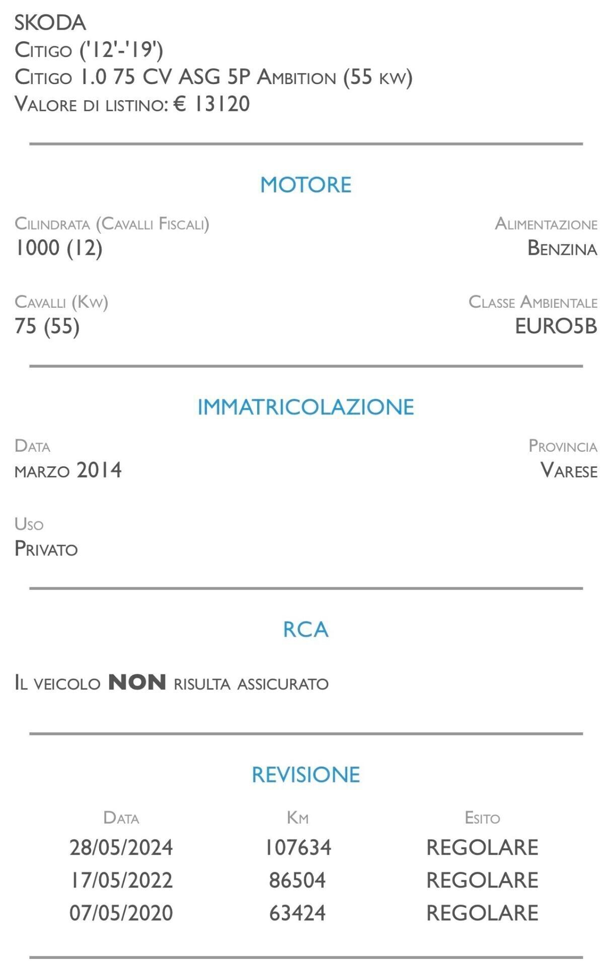 Skoda Citigo 1.0 75 CV ASG 5 porte Ambition - CAMBIO AUTOMATICO