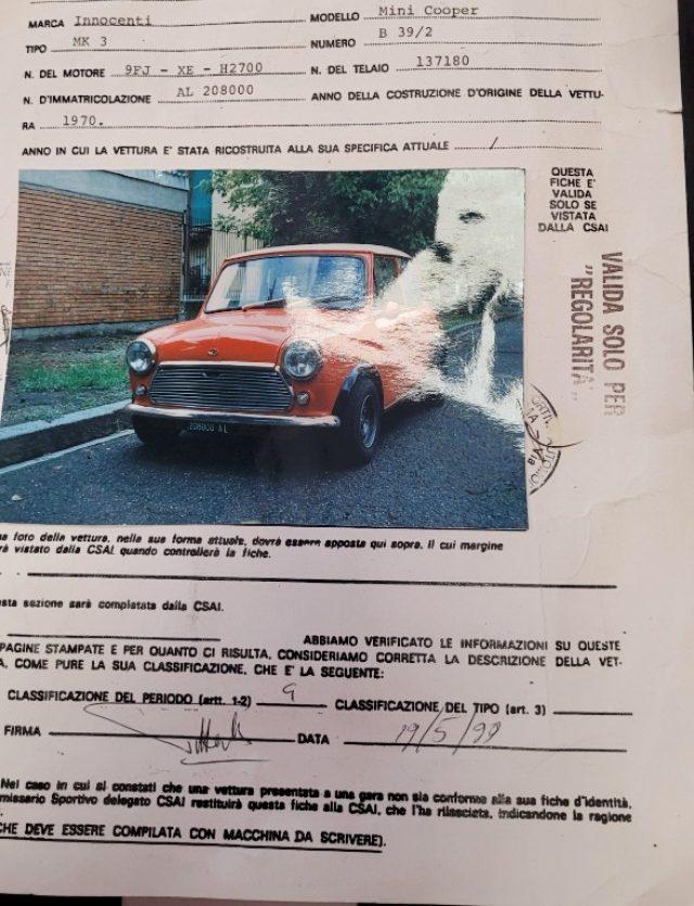 INNOCENTI Mini Cooper MK3 1000 ASI +Fiche regolarità