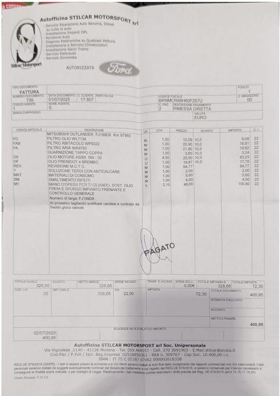 Mitsubishi Outlander 2.0 4WD GPL CVT Intense 1°PROP-KM CERTIFICATI