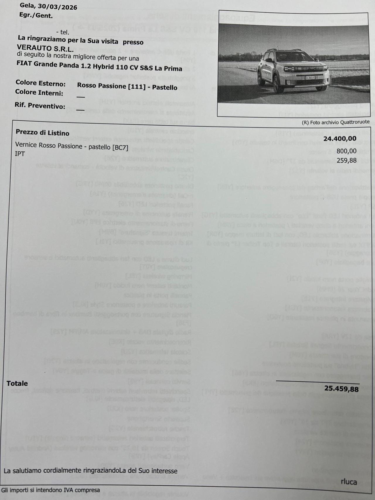 Fiat Grande Panda 1.2 Hybrid 110 CV La Prima possibilità noleggio no scoring