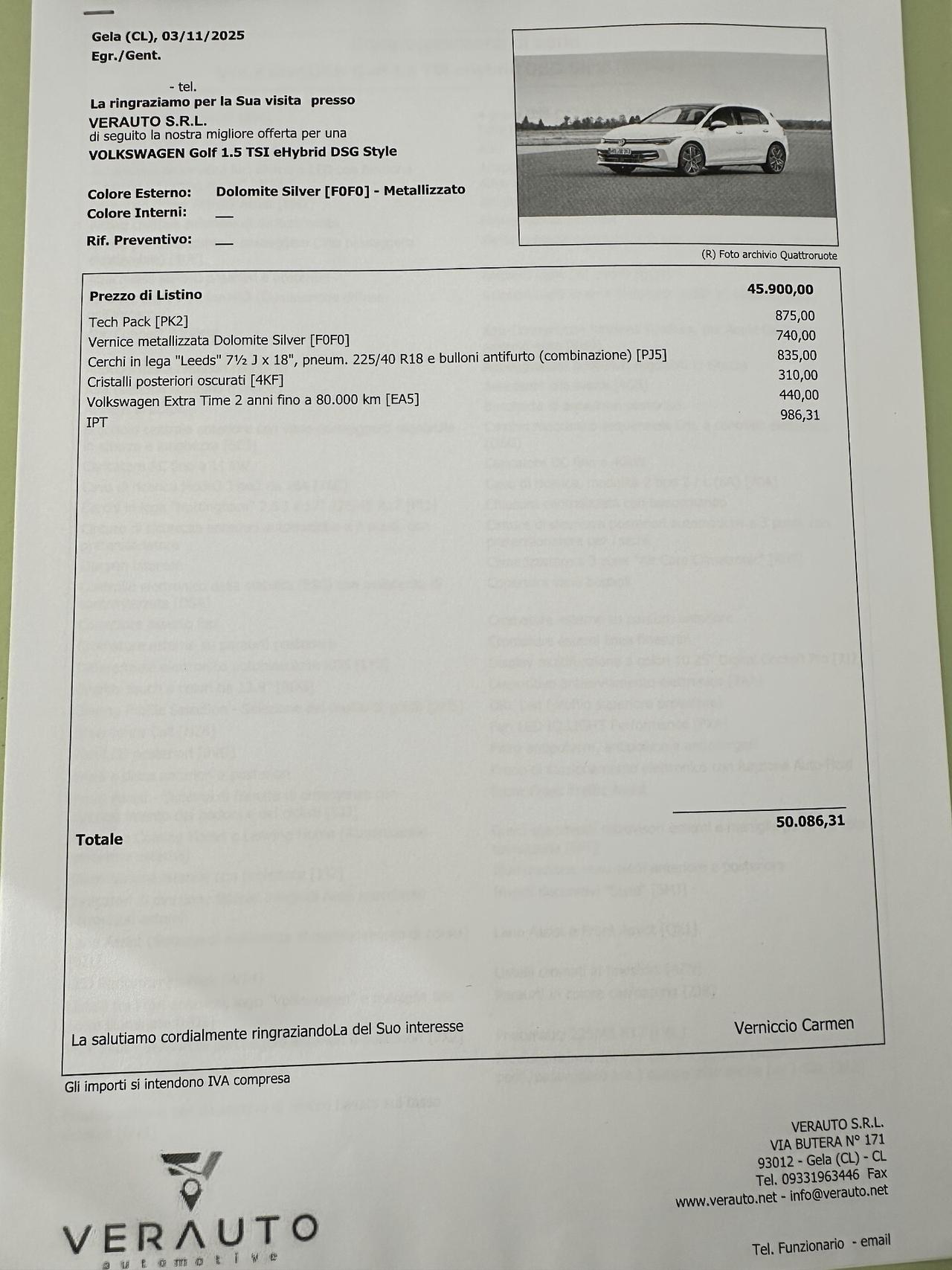 Volkswagen Golf 1.5 TSI eHybrid DSG Style possibilità noleggio no scoring