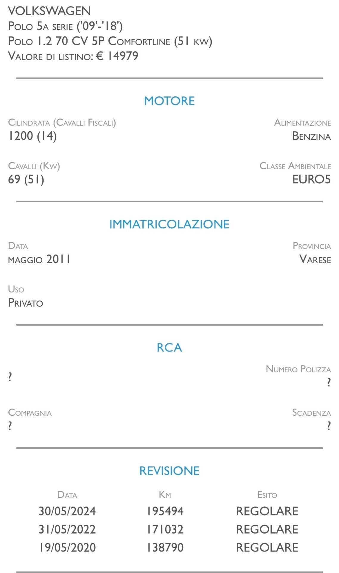 Volkswagen Polo 1.2 70 CV 5p. Comfortline - IDEALE PER NEOPATENTATI