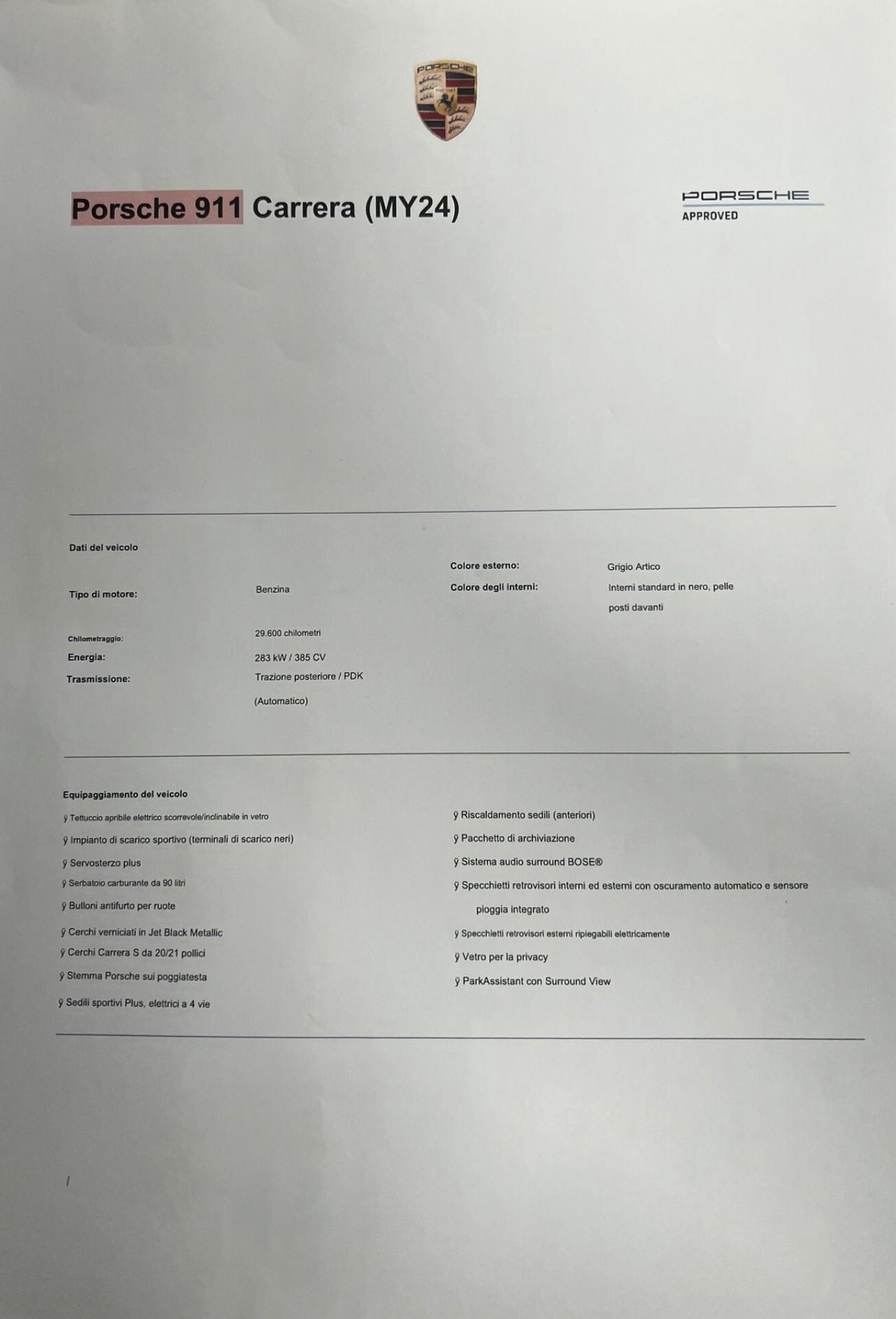 Porsche 992 Coupe Carrera possibilità noleggio no scoring