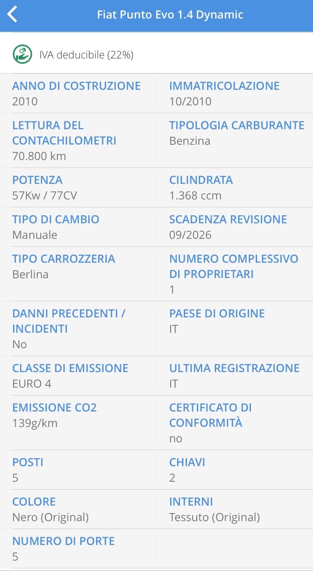 Fiat Punto Evo 1.4 Sport Dynamic UNICO SOLO 70k