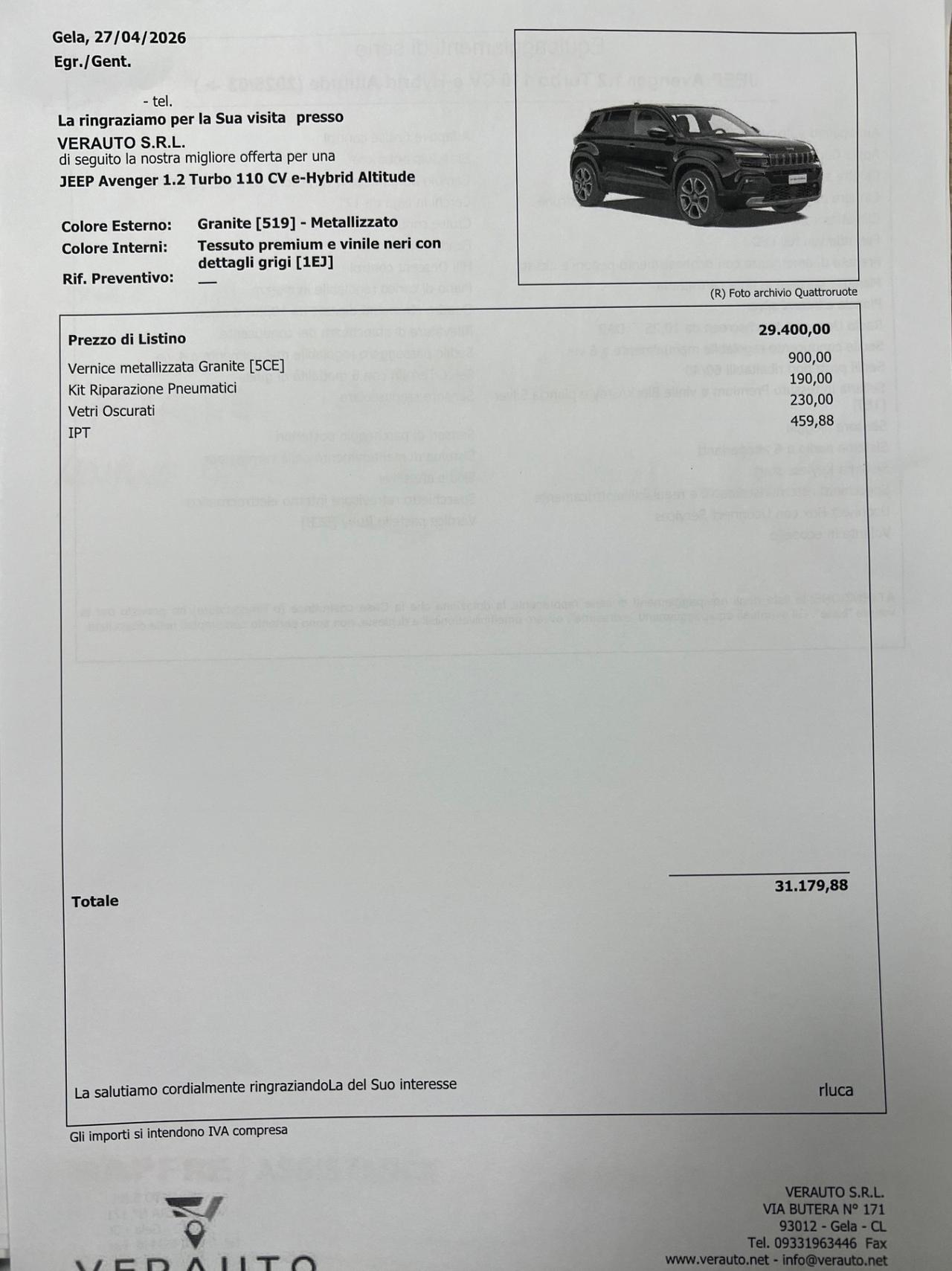 Jeep Avenger 1.2 Turbo 110 CV MHEV Altitude possibilità noleggio no scoring