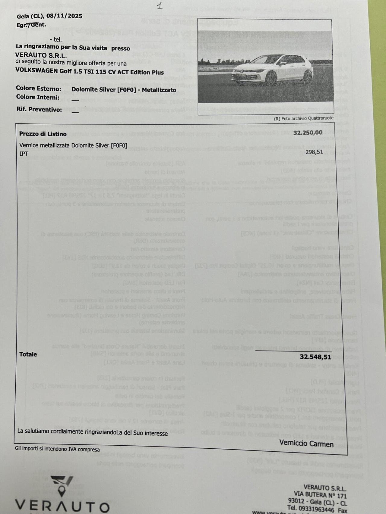 Volkswagen Golf 1.5 tsi 115cv possibilità noleggio no scoring