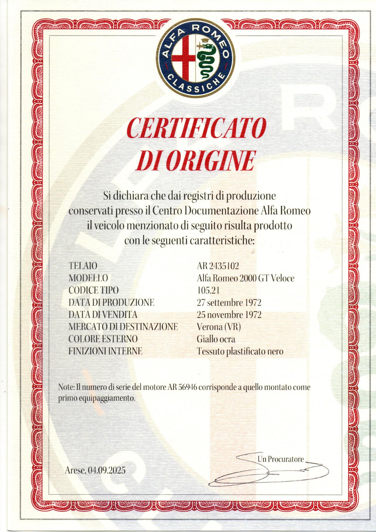 Alfa Romeo GT 2000 VELOCE "CERTIFICATA"