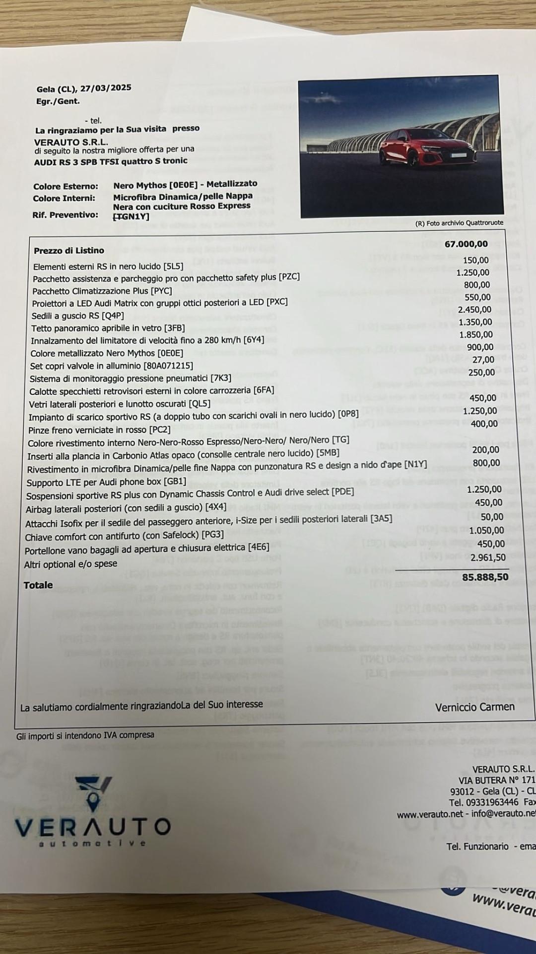 Audi RS3 SPB 2.5 tfsi possibilità noleggio no scoring