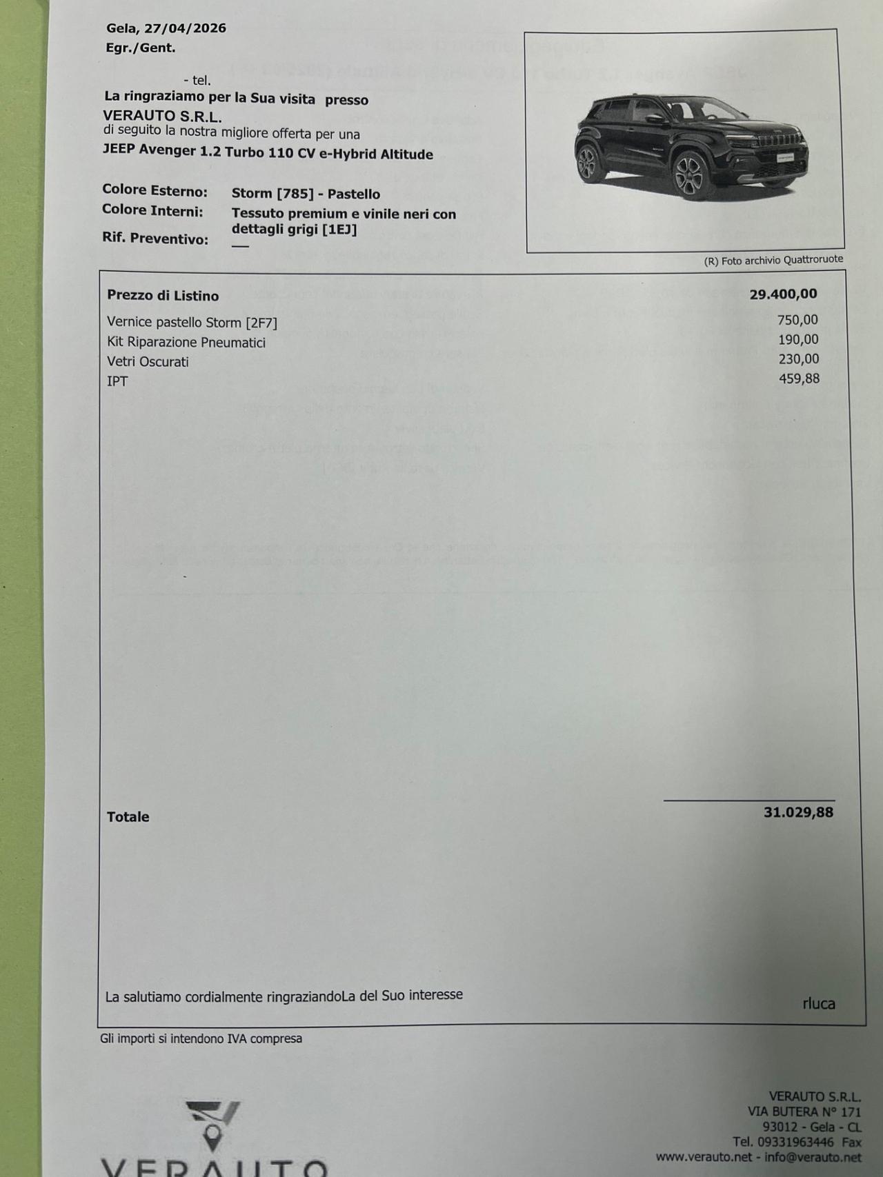 Jeep Avenger 1.2 Turbo 110 CV MHEV Altitude possibilità noleggio no scoring