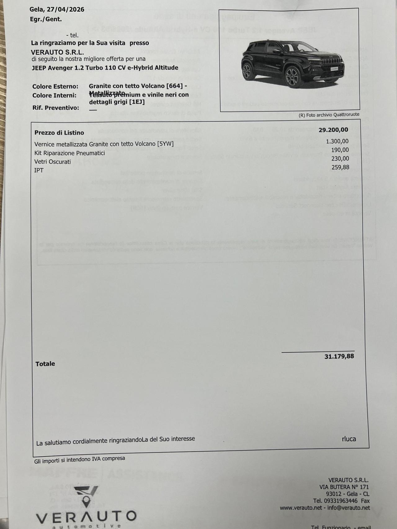 Jeep Avenger 1.2 Turbo 110 CV MHEV Altitude possibilità noleggio no scoring