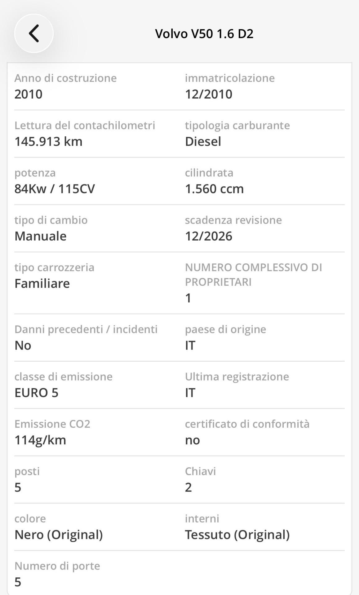 Volvo V50 D2 1.6 Diesel UNICO P. Garanzia TOP