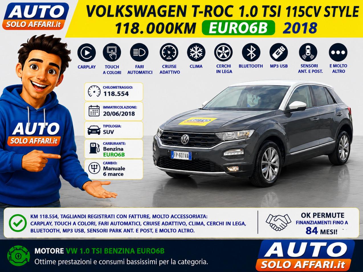 Volkswagen T-Roc 1.0 TSI STYLE 115CV EURO6B CARPLAY/ADAPTIVE CRUISE/DISTRIBUZIONE FATTA