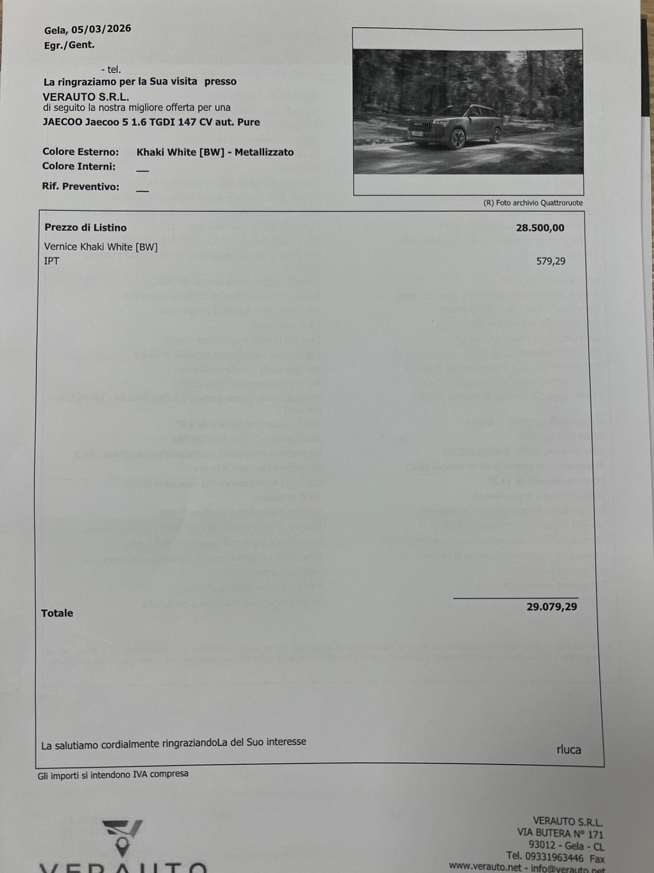 Jaecoo 5 1.6 TGDI aut. Pure possibilità noleggio no scoring