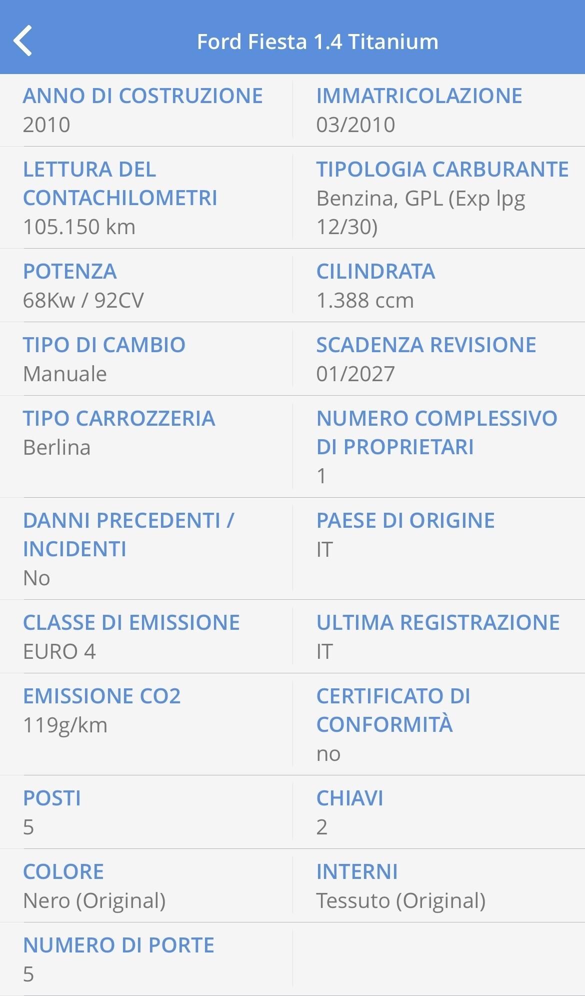 FORD FIESTA 1.4 92CV TIT. GPL UNICO CERTIFICATA