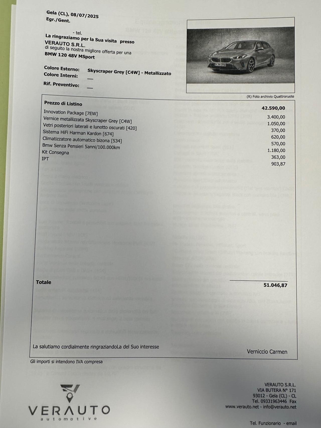 BMW 120 48V MSport auto possibilità noleggio no scoring