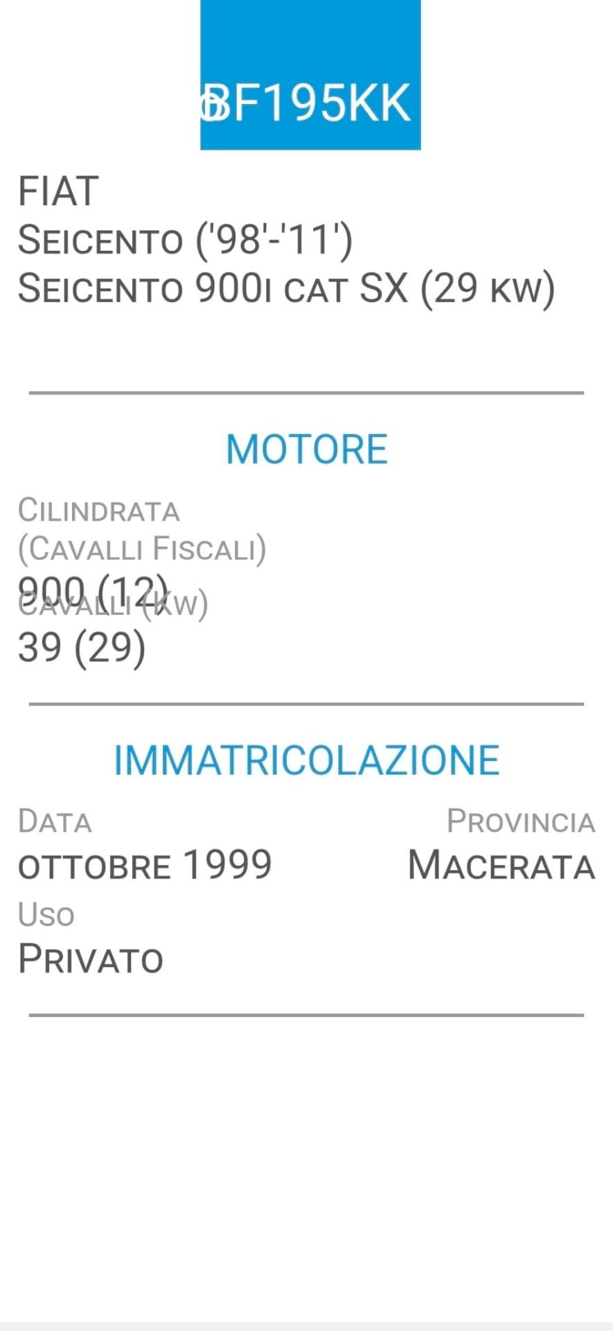 FIAT SEICENTO-900-METANO-MOTORE SOSTITUITO