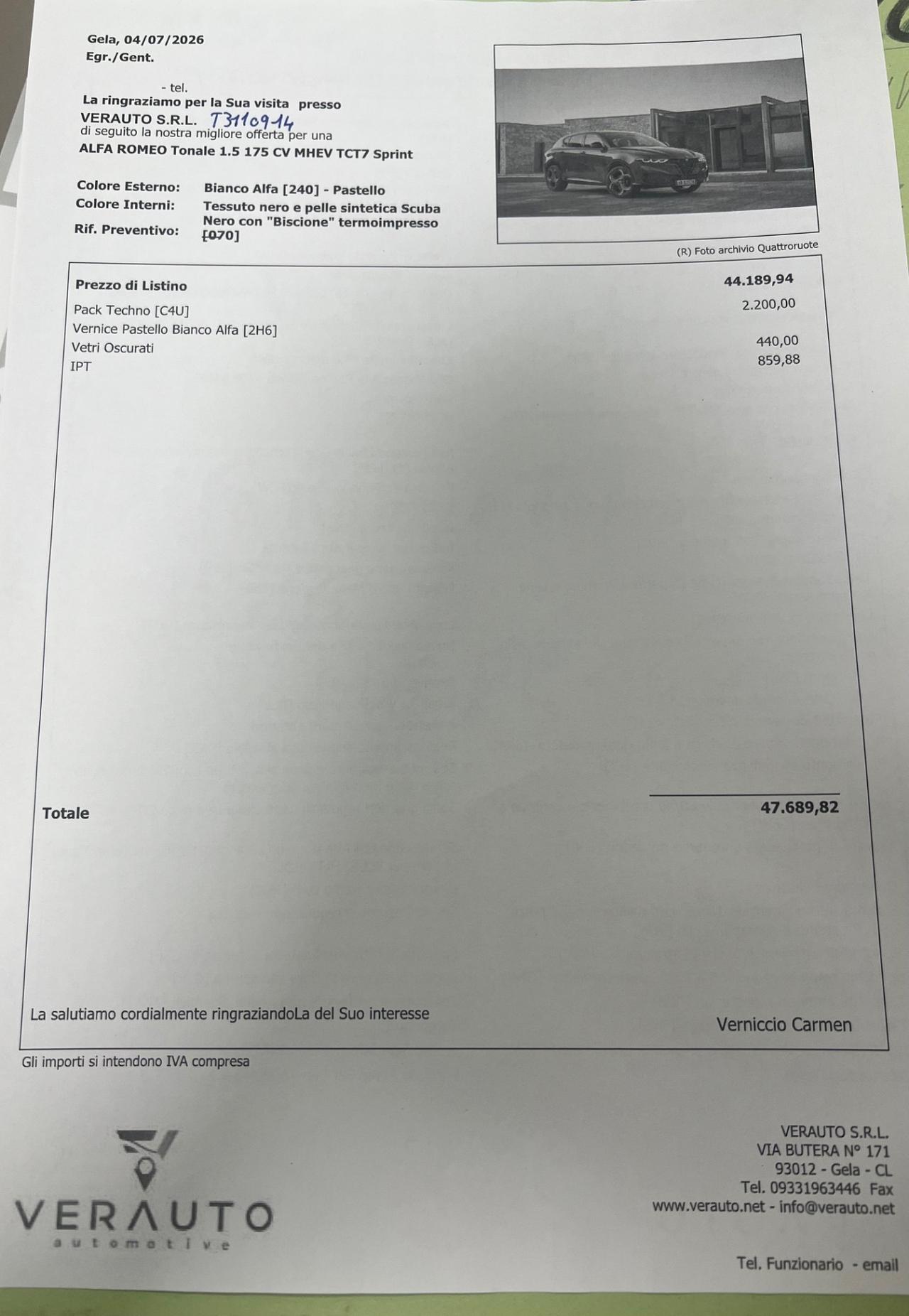 Alfa Romeo Tonale 1.5 175 CV MHEV TCT7 Sprint - possibilità noleggio no scoring