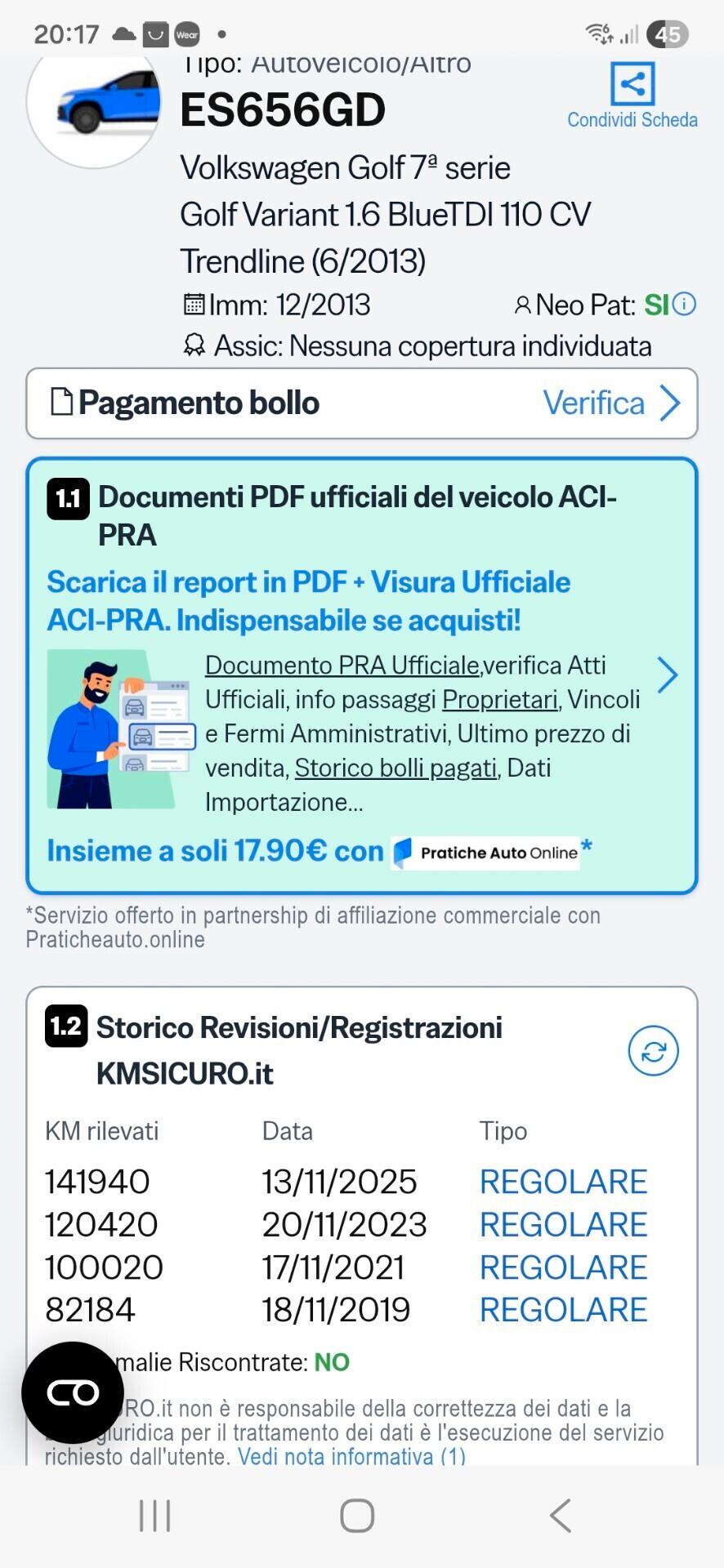 Volkswagen Golf Variant 1.6 TDI 110cv garantita 12 mesi