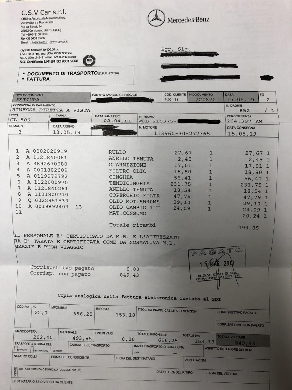 Mercedes-benz CL 500 cat fatture tagliandi mercedes