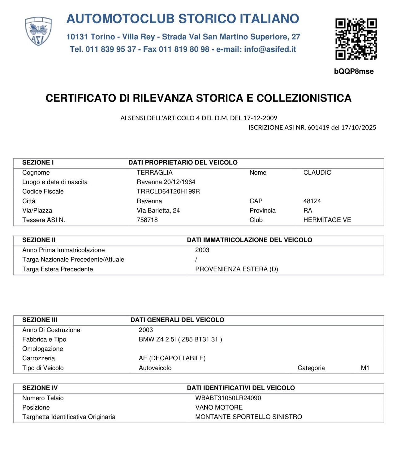 Bmw Z4 2.5i già ASI come nuova ….