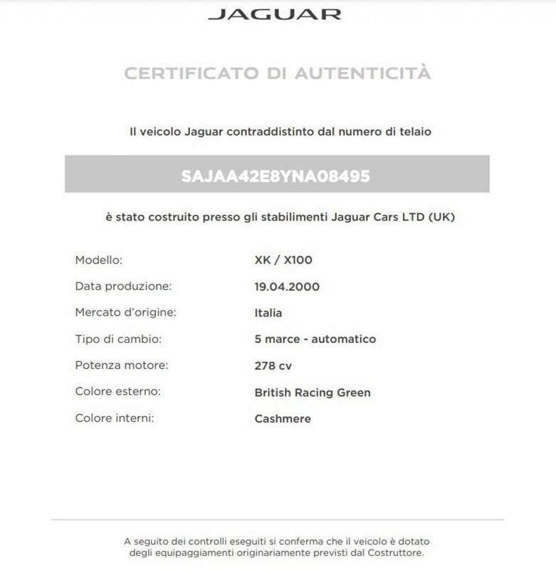 Jaguar XK XK8 ISCRITTA ASI + CERTIFICATO d' AUTENTICITA' JAGUAR