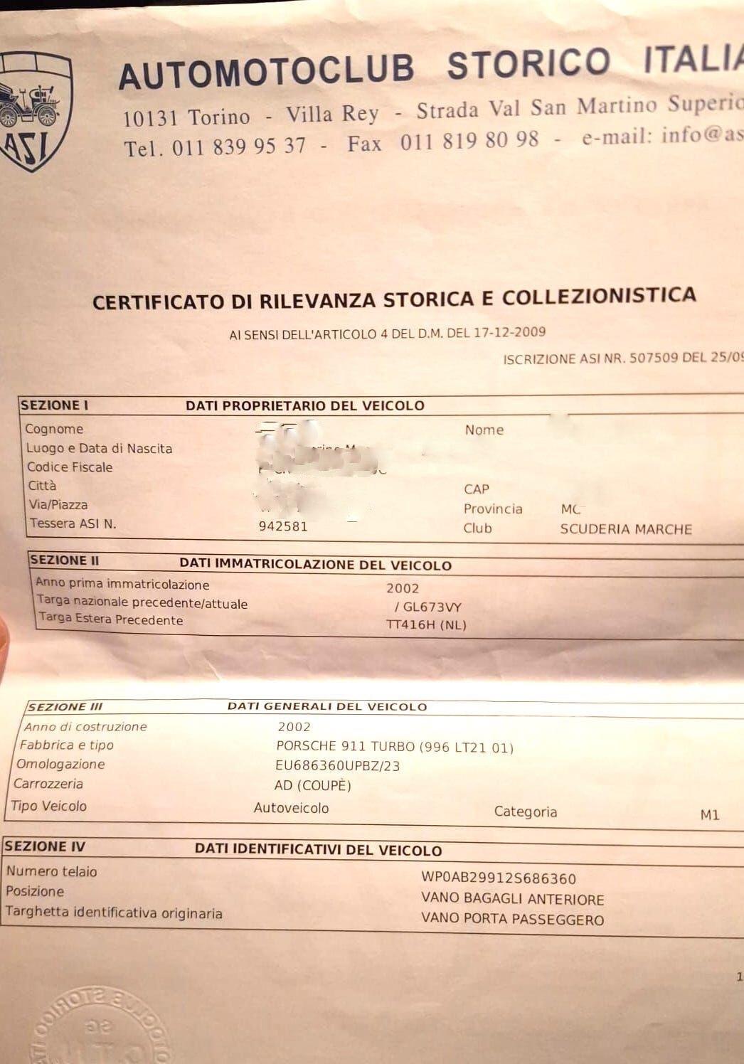 911 Turbo Coupè (996) Cambio Manuale-ISCRITTA ASI