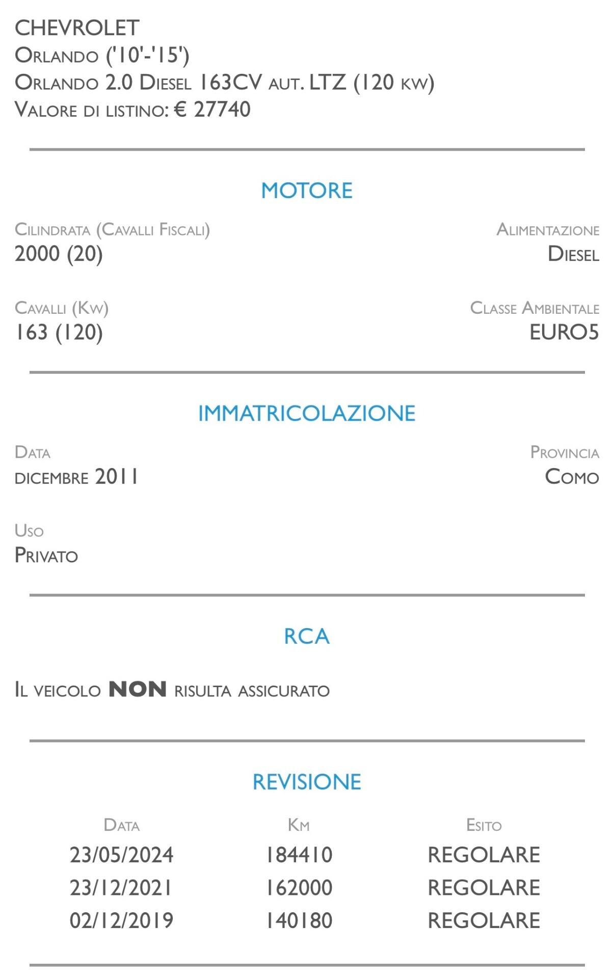 Chevrolet Orlando 2.0 Diesel 163CV aut. LTZ - 7 POSTI - UNICO PROPRIETARIO