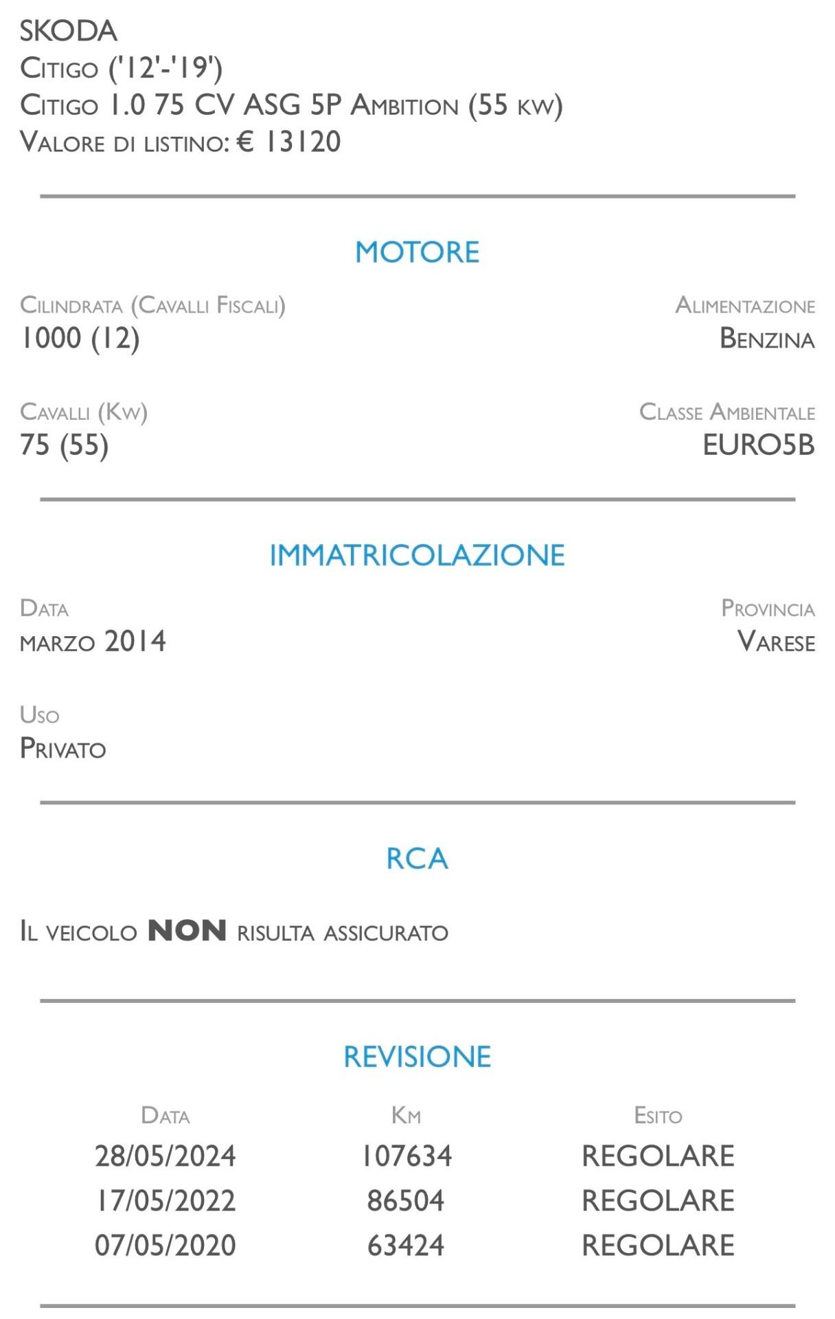 Skoda Citigo 1.0 75 CV ASG 5 porte Ambition - CAMBIO AUTOMATICO