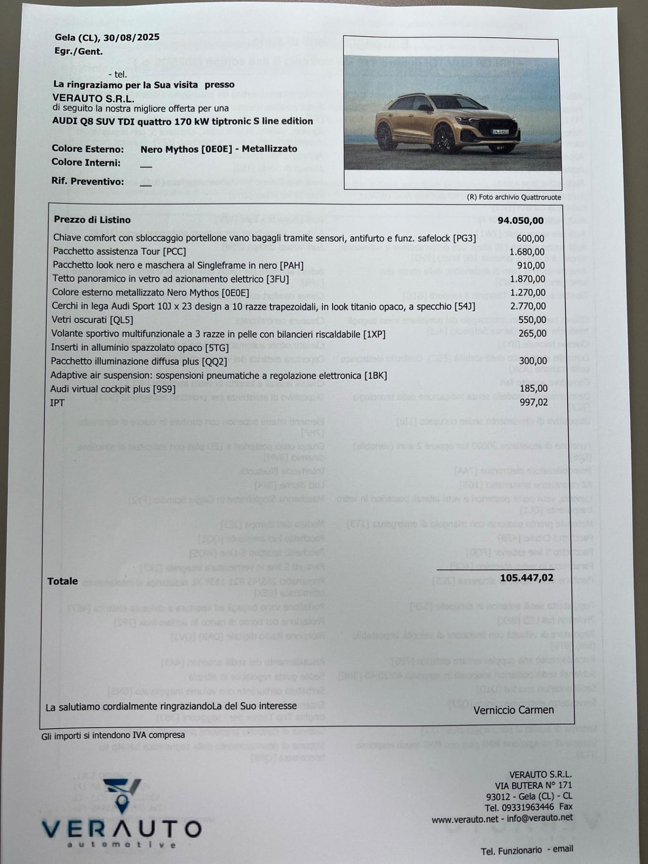 Audi Q8 tdi Sline 231cv possibilità noleggio no scoring