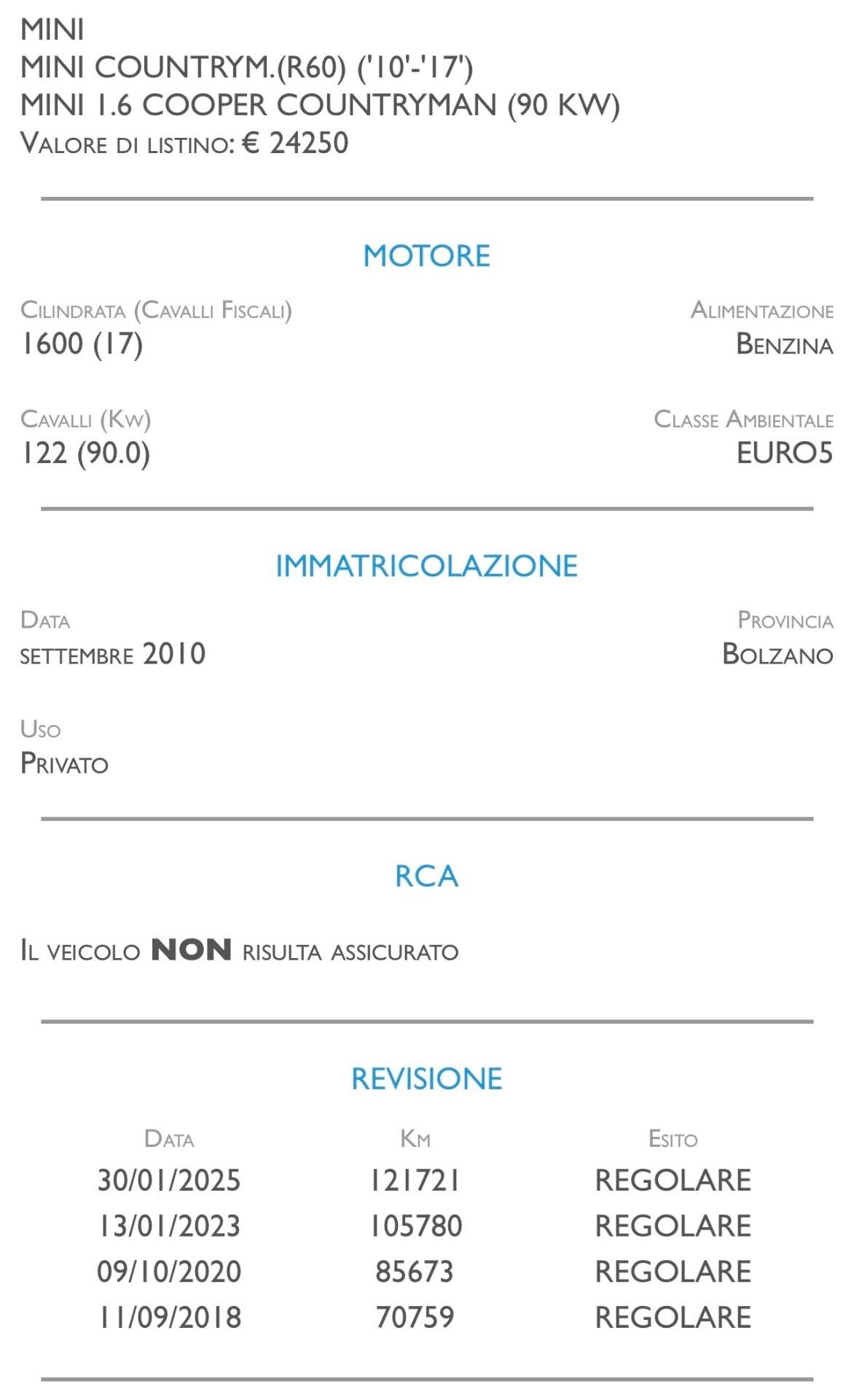 Mini Cooper Countryman 1.6 Benzina - UNICO PROPRIETARIO