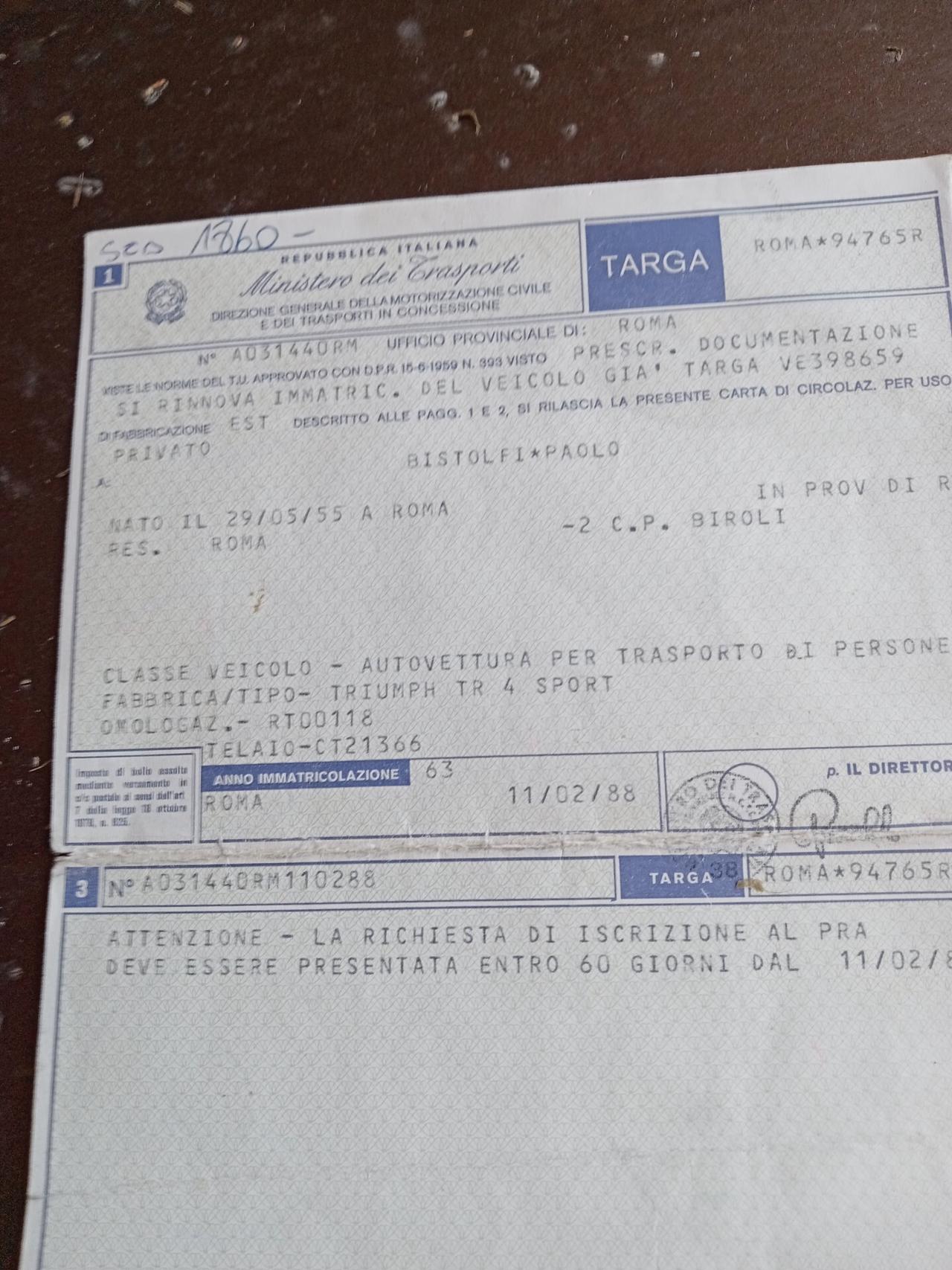 Triumph TR4 VEICOLO ISCRITTO ASI ORO