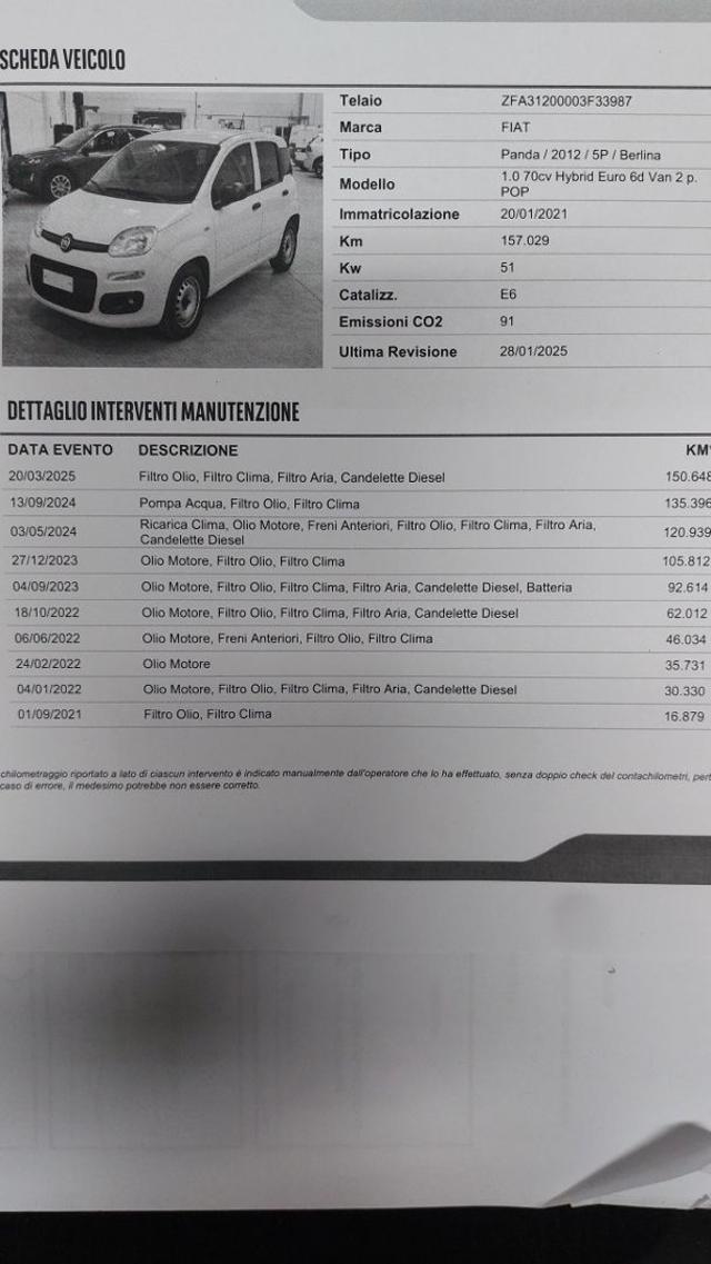 FIAT Panda 1.0 GSE S&S Hybrid Pop Van 2 posti Aziend. Italia