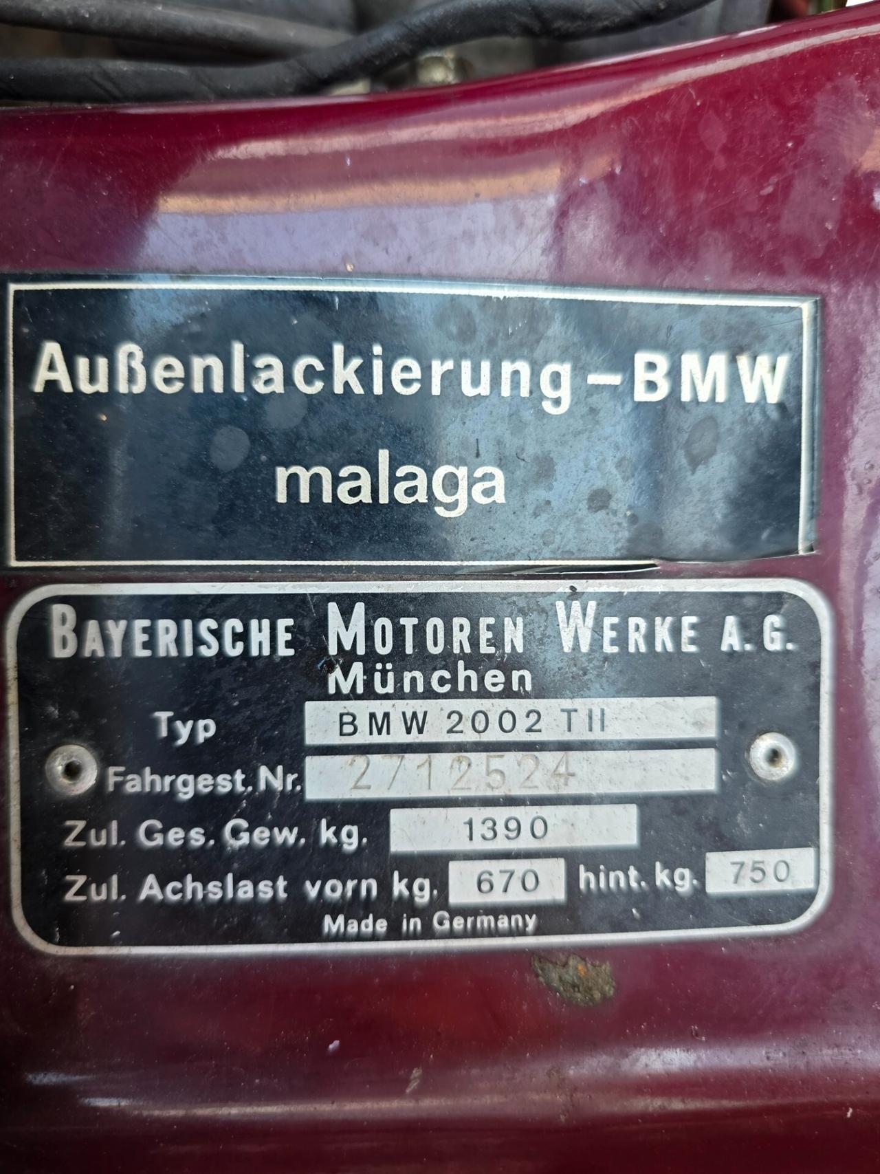 Bmw 2002 Tii Unicoproprietario Targhe originali targa Oro Asi