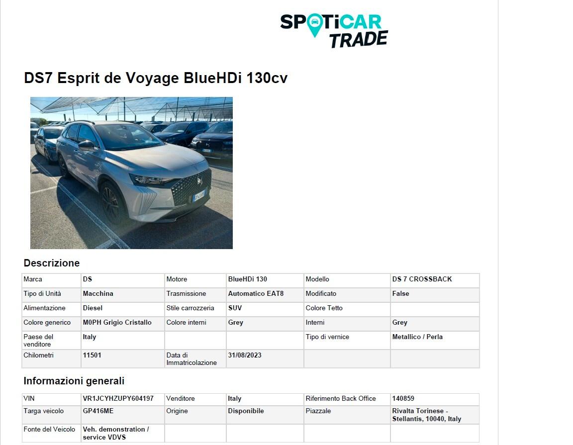 Ds 7 DS7 BLUEHDI 130CV AUT. ESPIRIT DE VOYAGE ( FARI LED - PELLE CERCHIO 19 NAVI TETTO PANORAMICO )