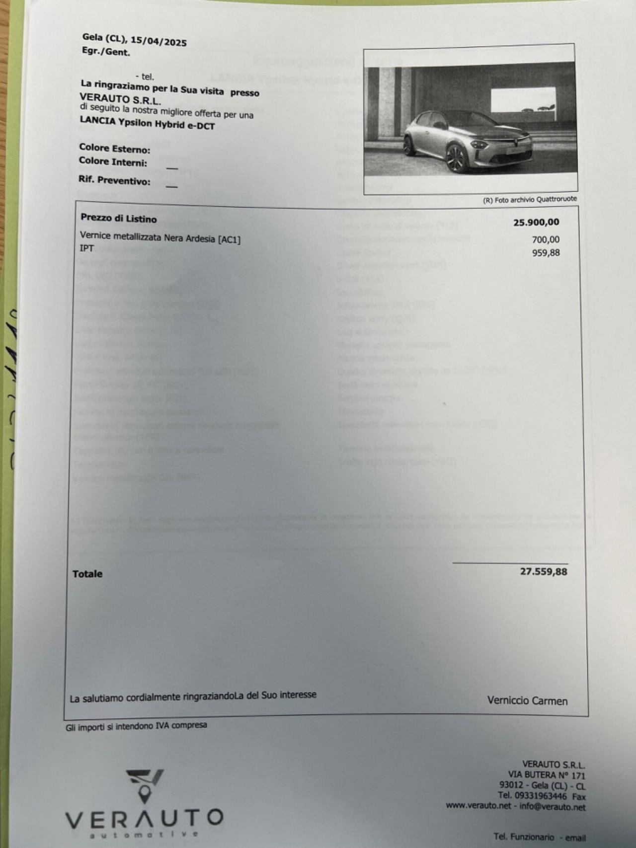 Lancia Ypsilon 1.2 mhev e-dct possibilità noleggio no scoring