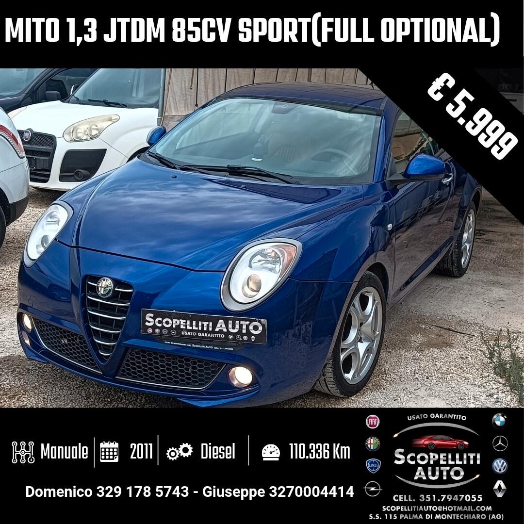 MiTo 1,3 jtdm 85cv sport full optional pelle