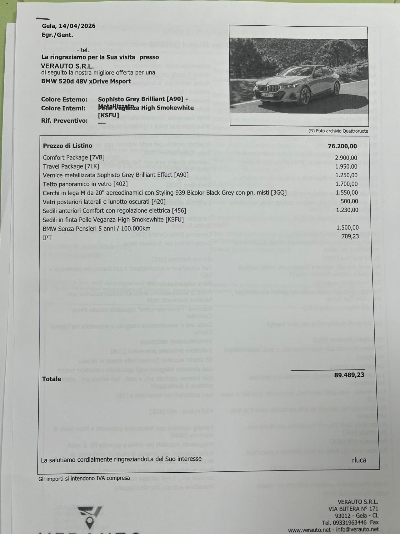 Bmw 520d 48V xDrive Msport possibilità noleggio no scoring