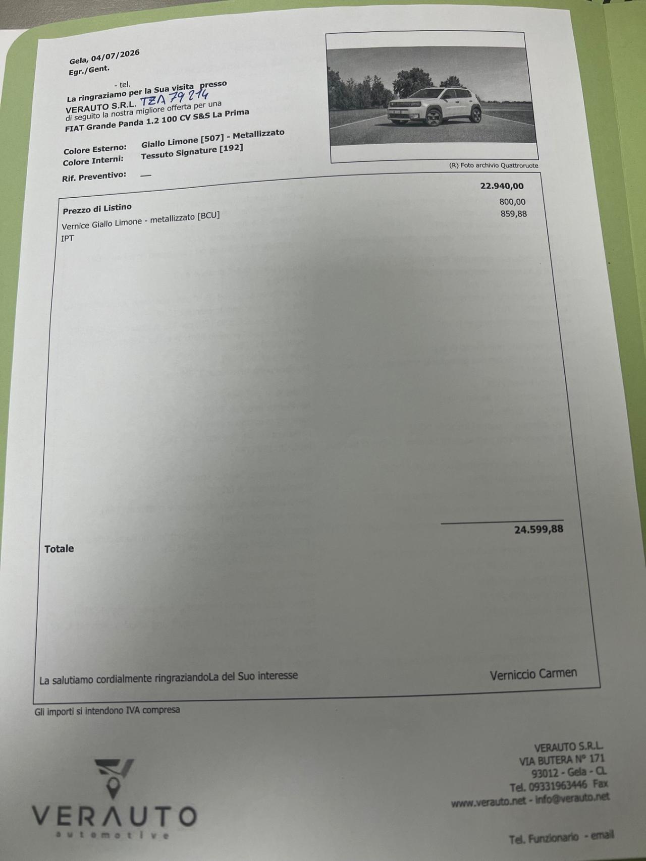 Fiat Grande Panda 1.2 100 CV S&S La Prima - possibilità noleggio no scoring