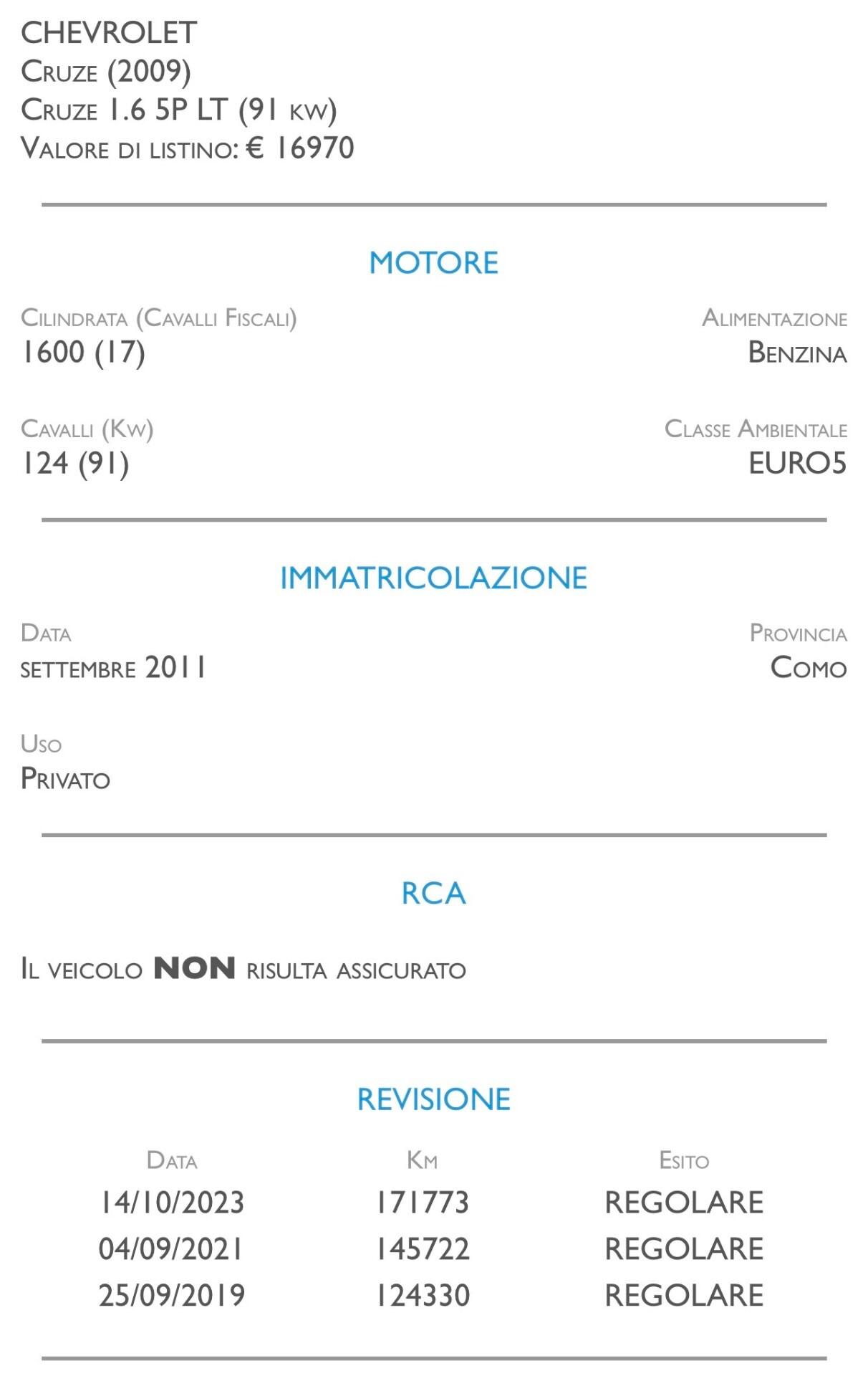 Chevrolet Cruze 1.6 5 porte LT - UNICO PROPRIETARIO