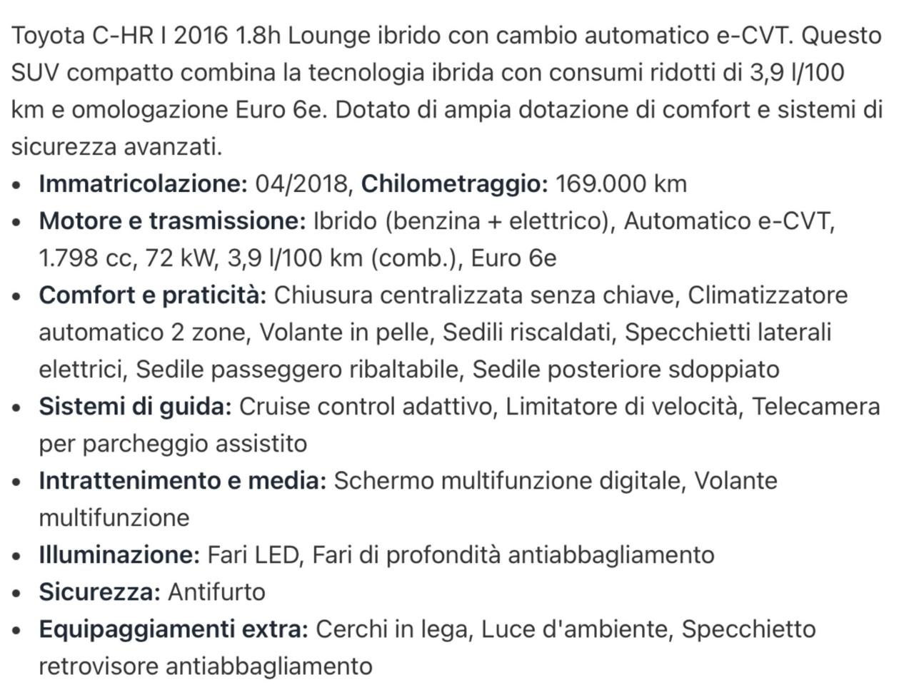 Toyota C-HR 1.8 LOUNGE 2 WD PERFETTA .