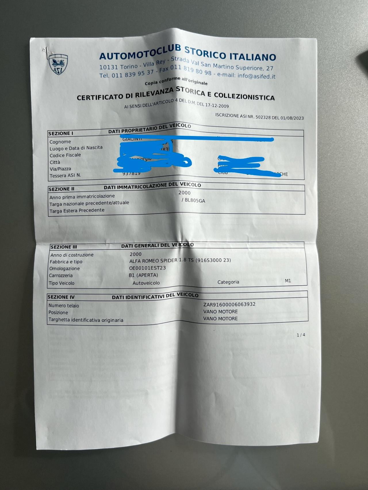 Alfa Romeo GTV Spider 1.8i 16V Twin Spark con certificato di rilevanza storica