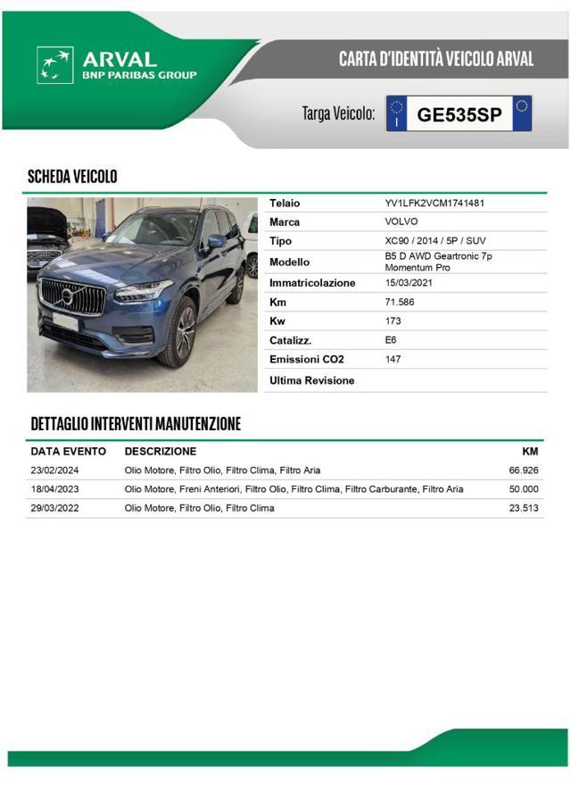 VOLVO XC90 B5 (d) AWD Geartronic 7 posti Momentum Pro Tetto