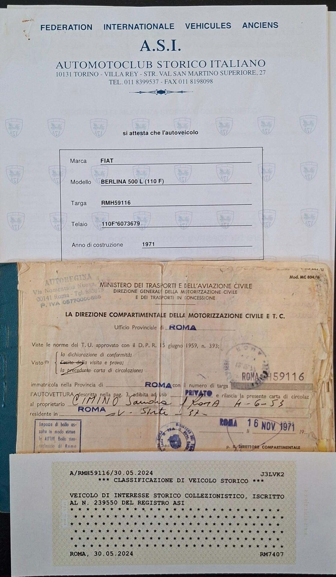 Fiat 500L DOCUMENTI E TARGA ORIGINALI ASI TUTTA RESTAURATA NEL 2014