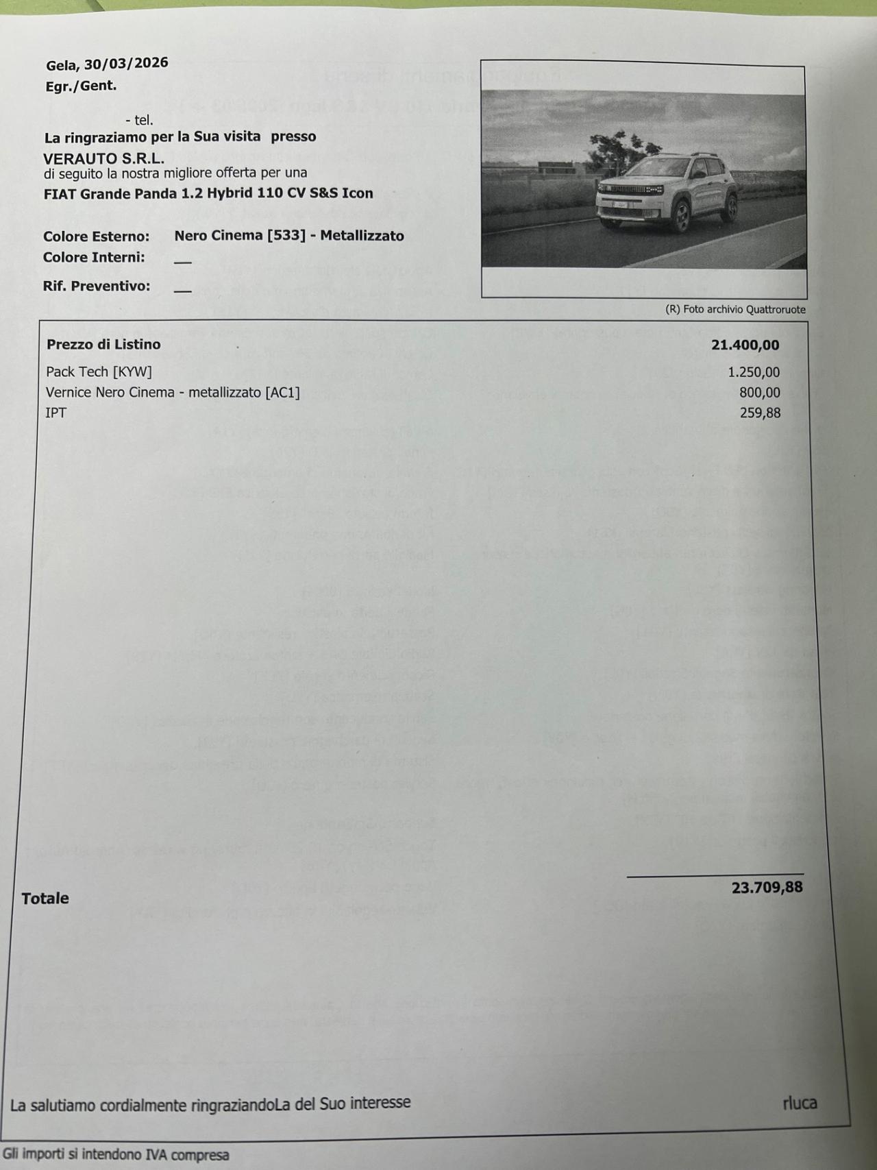 Fiat Grande Panda 1.2 Hybrid 110 CV S&S Icon possibilità noleggio no scoring