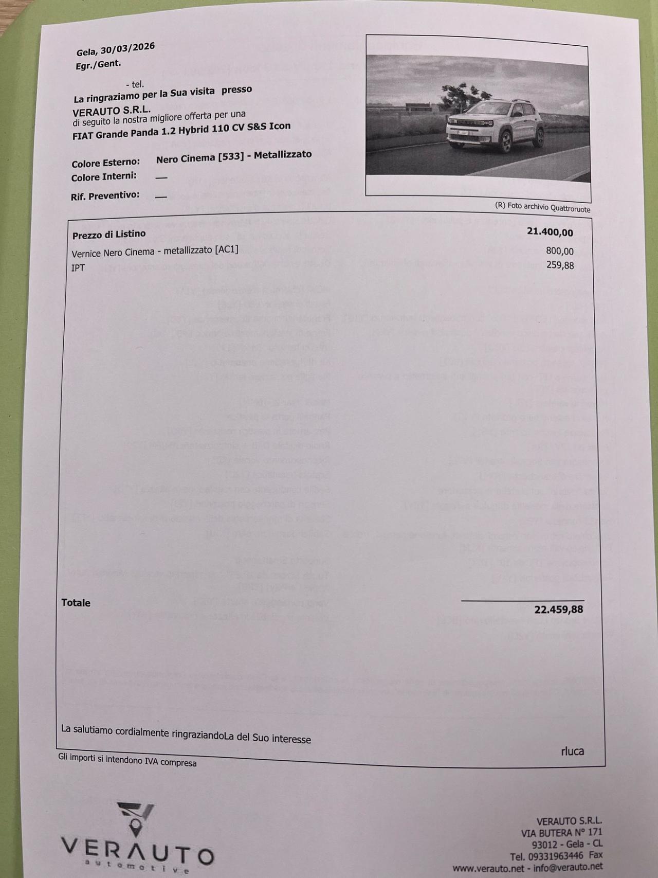 Fiat Grande Panda 1.2 Hybrid 110 CV S&S Icon possibilità noleggio no scoring