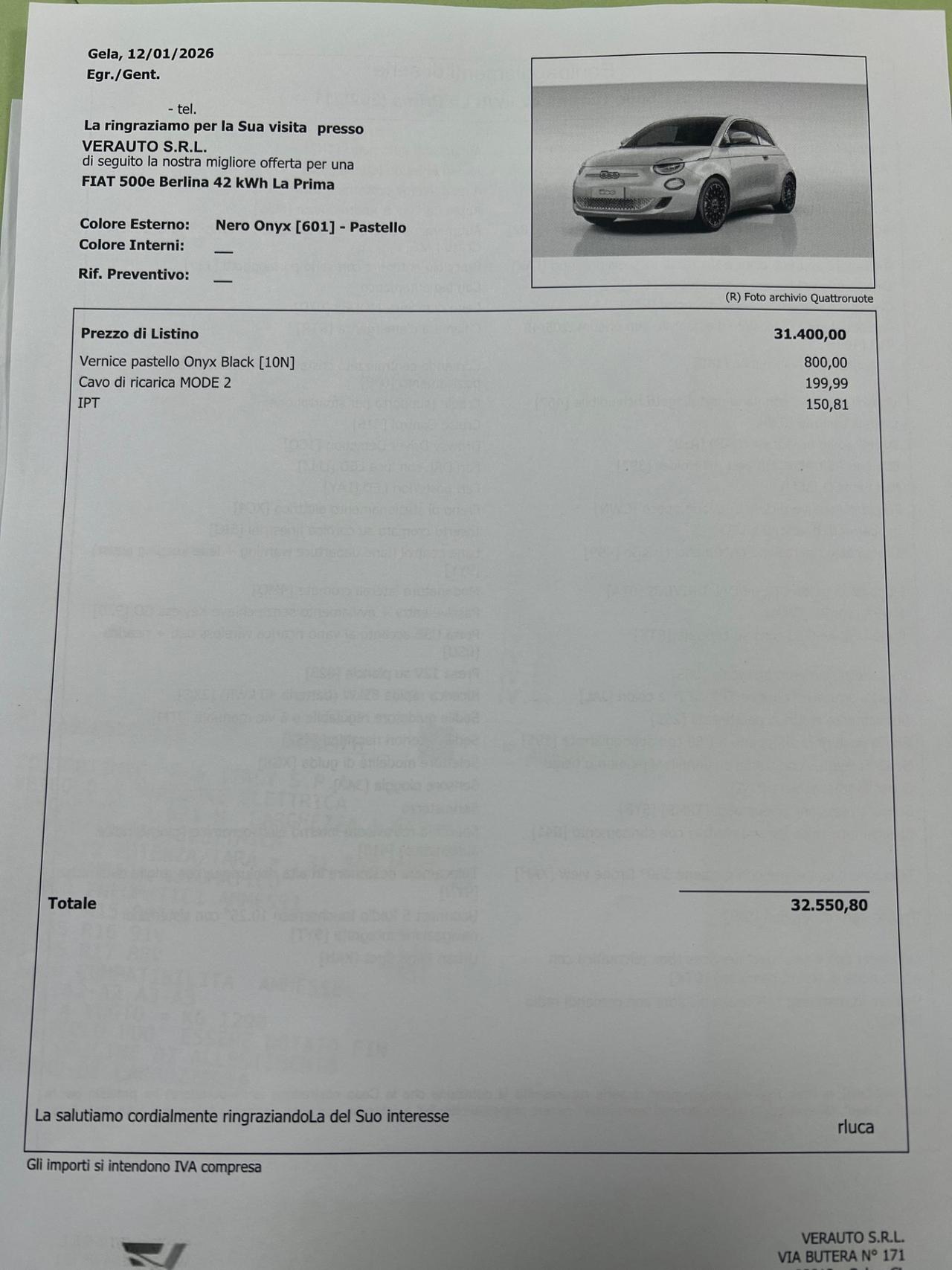 Fiat 500e Berlina 42 kWh La Prima possibilità noleggio no scoring